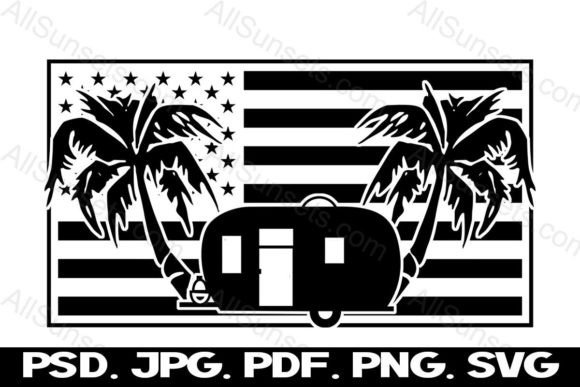 Camper American Flag Palm Trees Vector for Graphics and Crafts